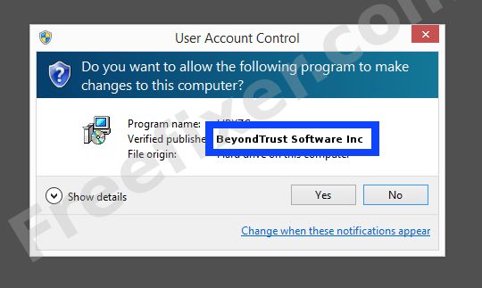 Screenshot where BeyondTrust Software Inc appears as the verified publisher in the UAC dialog